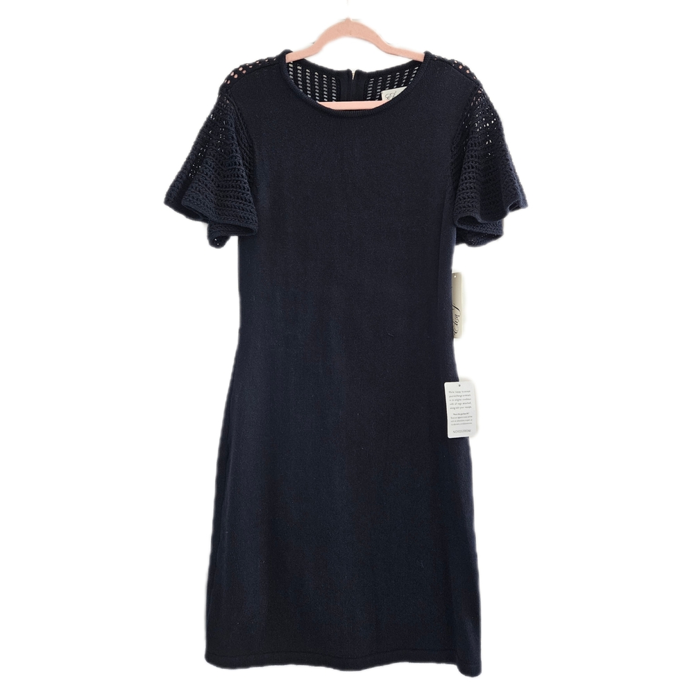 New With Tags Eliza J Very Dark Blue Knit Dress with Crochet Sleeves Size L